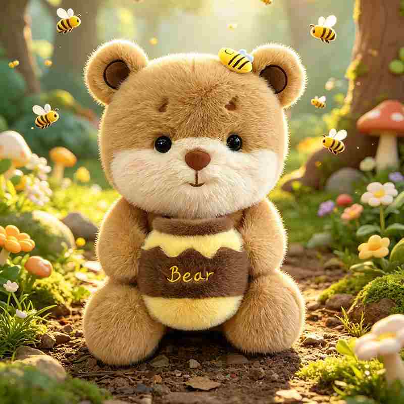 Bulk forest honey bear stuffed toy surrounded by bees, a viral item for B2B wholesale.