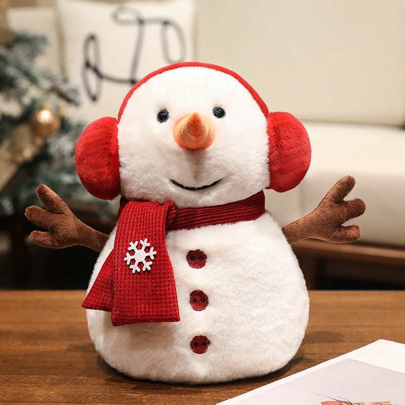 Bulk holiday snowman stuffed animal with red scarf and earmuffs for B2B sourcing.