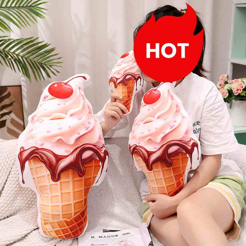 Bulk kawaii cherry ice cream throw pillows held by a model, a viral novelty item for lifestyle stores and B2B distributors.