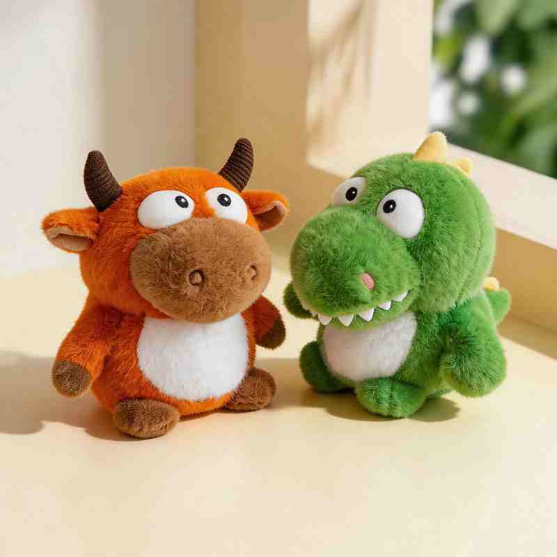 Bulk kawaii cow and dinosaur stuffed toys on a table, high-margin carnival prizes for arcade route operators.