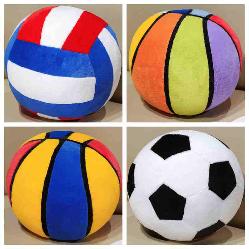 Bulk mixed sports ball plush assortment showcasing volleyball, soccer, and basketball designs, optimized for global B2B toy distributors.