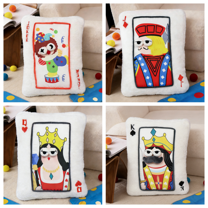 Wholesale novelty poker card cushion assortment 4-grid catalog displaying Joker, Jack, Queen, and King designs for boutique sourcing.