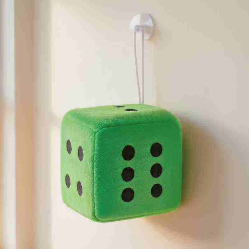 Neon green plush dice, a claw-optimized arcade prize available for bulk ordering.