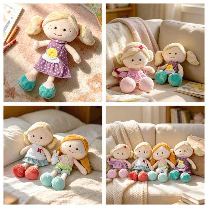 Bulk premium plush baby doll collection showcasing diverse fabric outfits and styles, optimized for cross-border B2B supply.