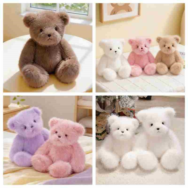 Bulk premium stuffed bear collection 4-grid catalog displaying long fur pastel teddy bears for boutique sourcing.