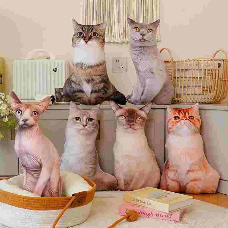 Bulk realistic cat plush collection displayed together, perfect for supermarket and toy store shelving.