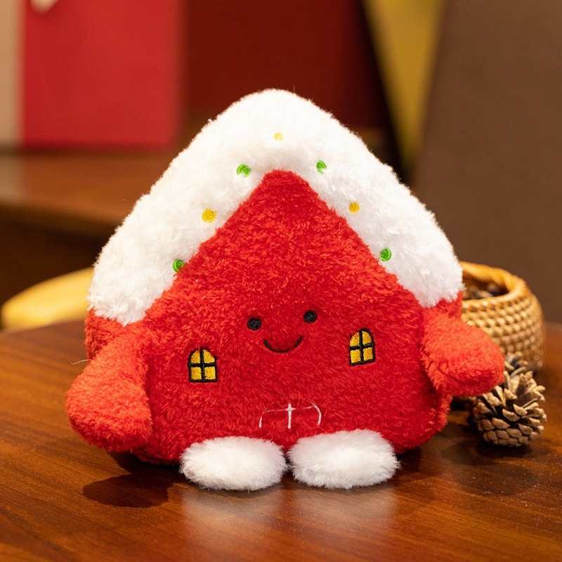 Festive red winter house plush pillow for bulk order and retail