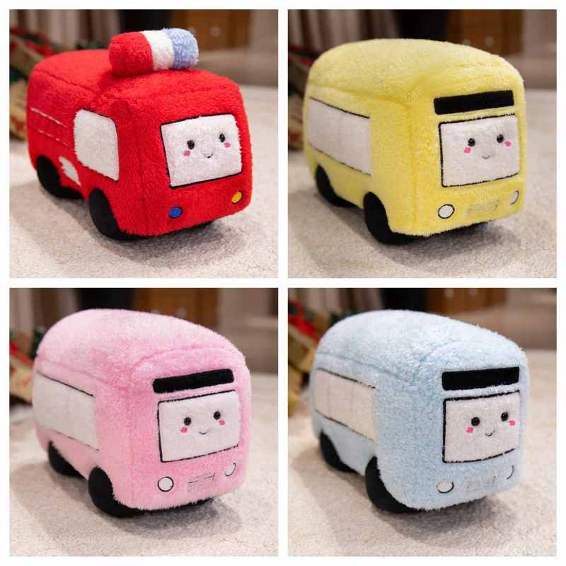Four-grid showcase of city rescue vehicle soft toys including a fire engine and colorful buses for bulk sourcing.