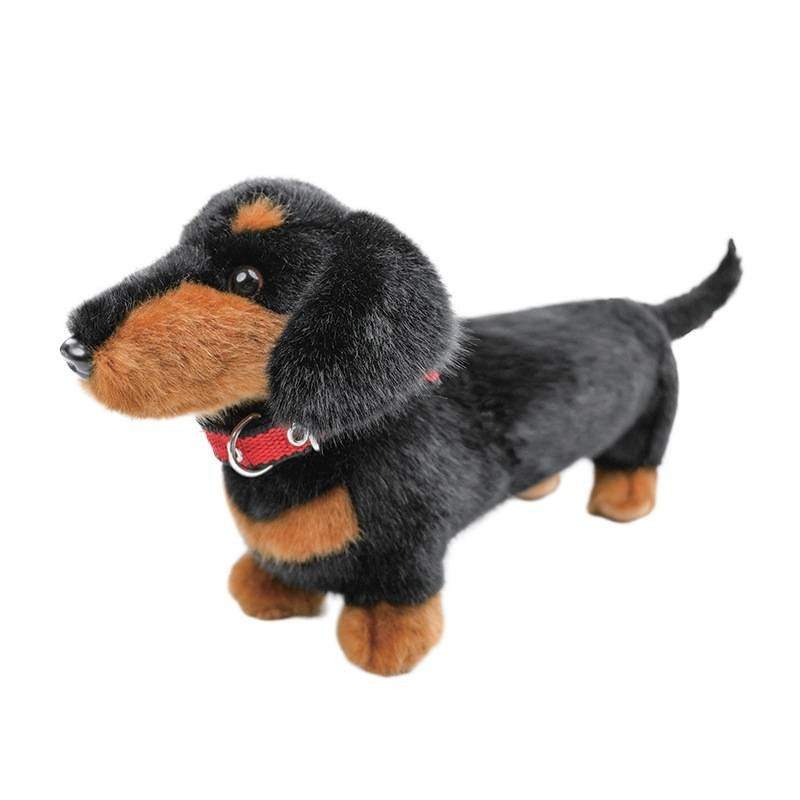 Black and tan short-haired dachshund stuffed animal with a red collar for B2B bulk sourcing.
