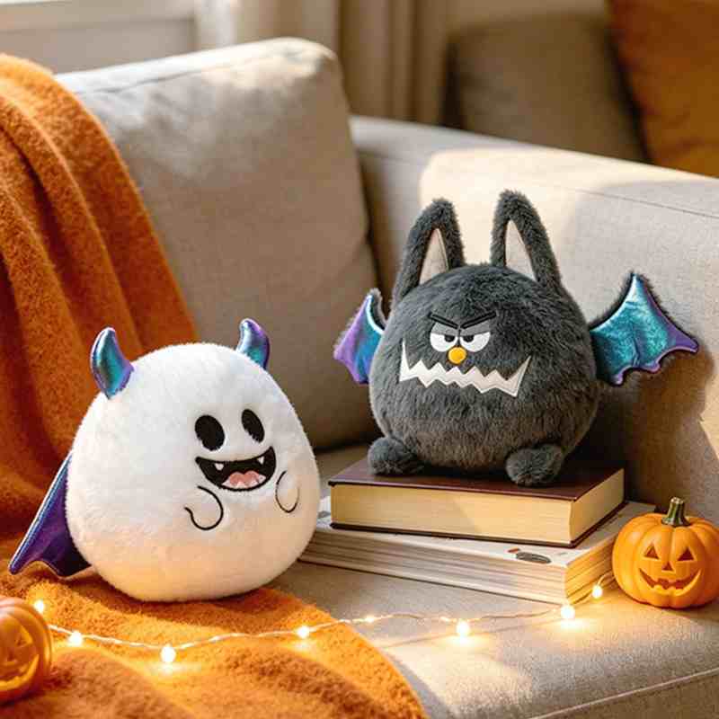 Bulk spooky cute bat and ghost cushion plush toys sitting on books, demonstrating quality styling for seasonal gift boutique supply.