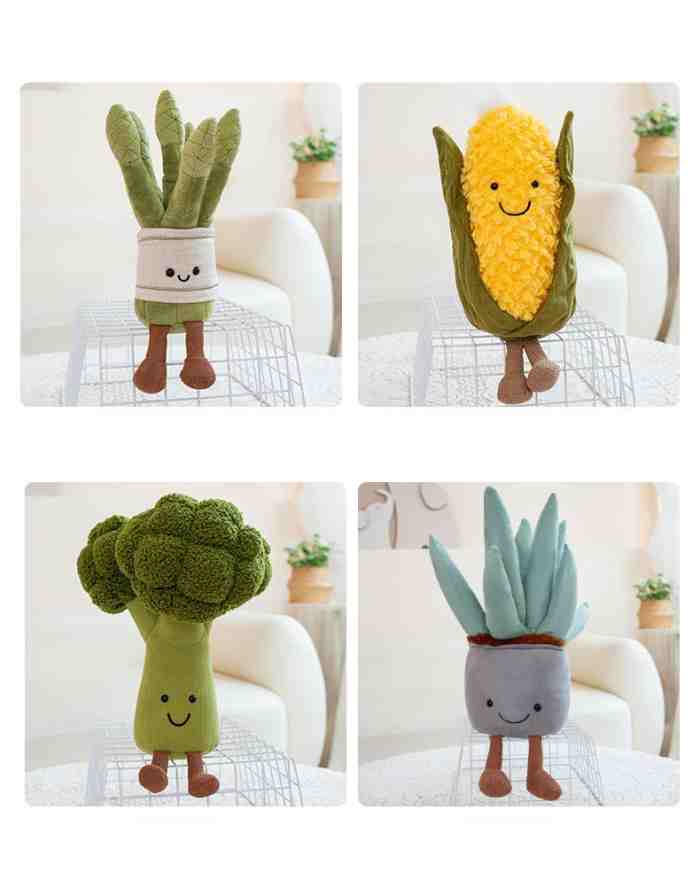 Bulk stuffed plant and veggie plush collection layout for FEC redemption counter restocking.