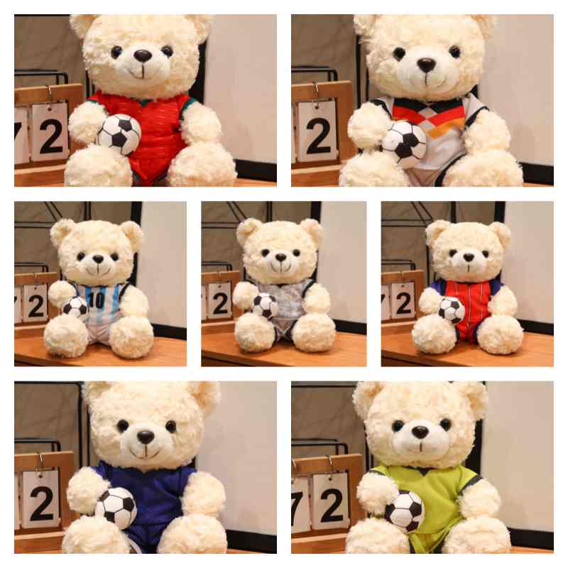 Bulk white soccer teddy bear plush assortment perfect for supermarket sports promotions.