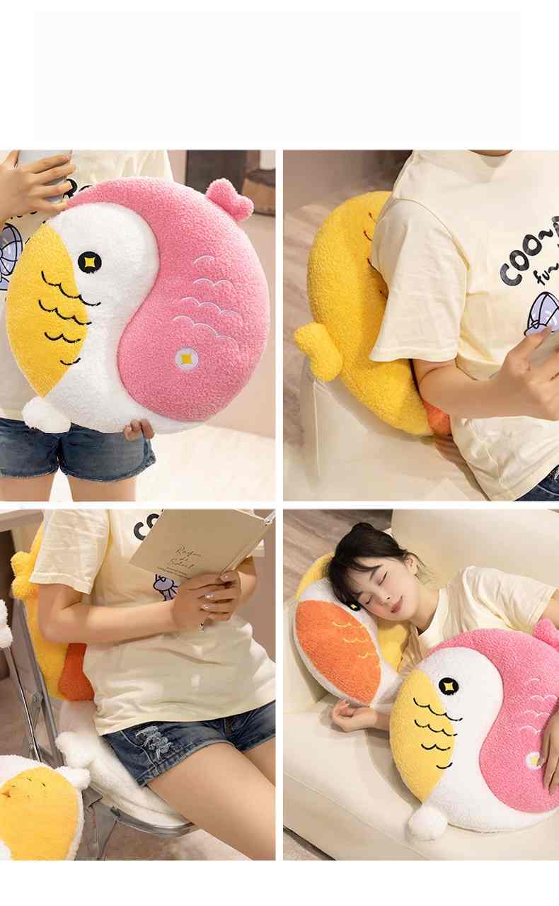 Lifestyle collage showing a girl using the Yin Yang fish plush pillow for lower back support, hugging, and relaxing.