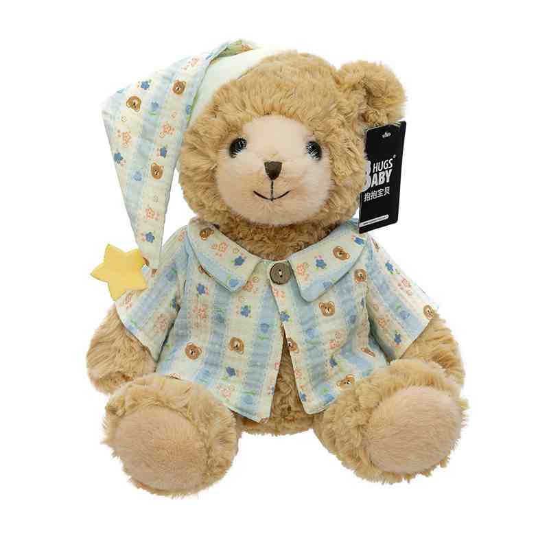 Custom bedtime bear soft toy wearing striped pajamas and a nightcap on a white background, ideal for private label OEM manufacturers.