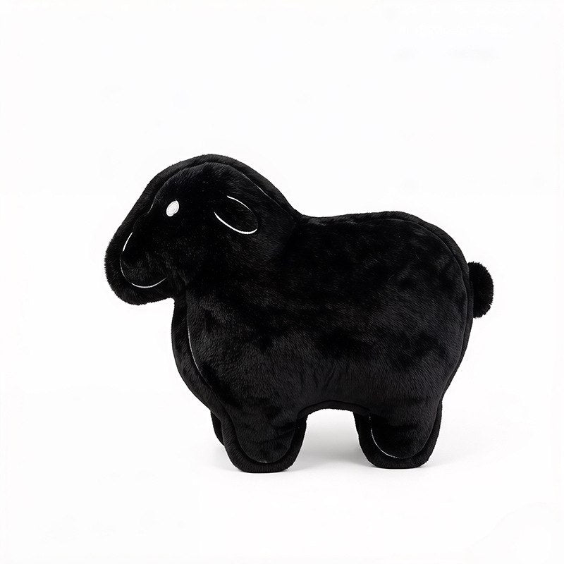 Custom black sheep stuffed animal plush on clean background for private label OEM manufacturing.