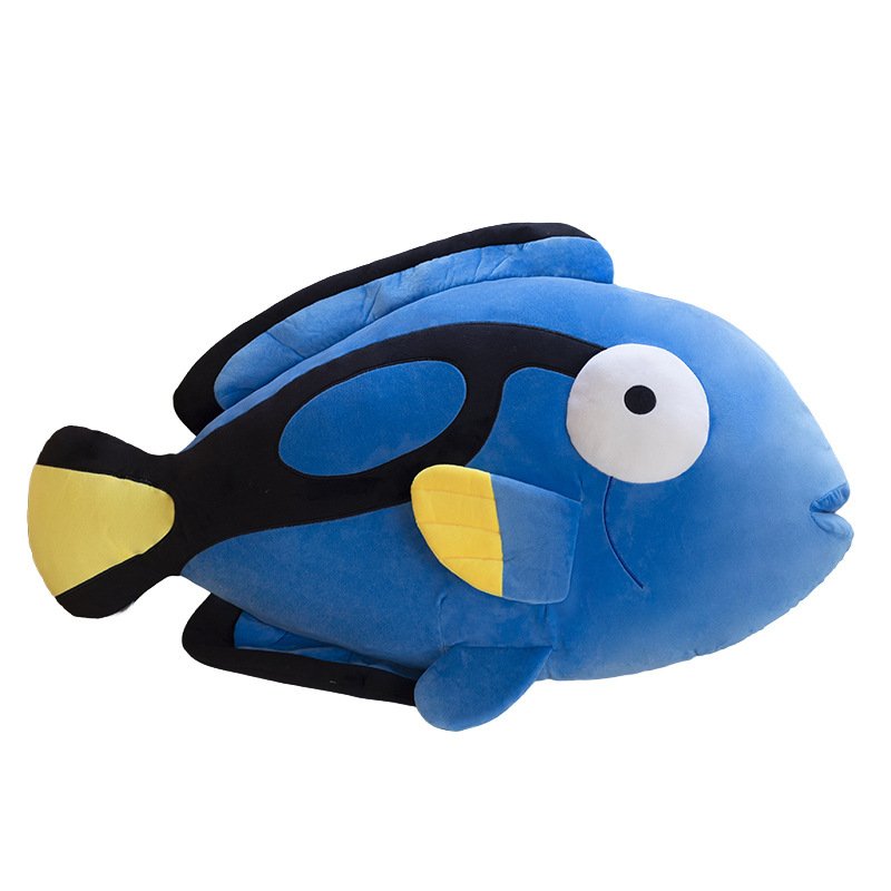 Custom blue tang stuffed fish toy isolated on white background for OEM plush manufacturing.