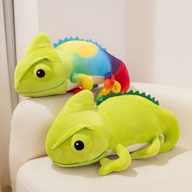 Custom OEM chameleon soft toys in green and rainbow colors manufactured for B2B bulk orders.