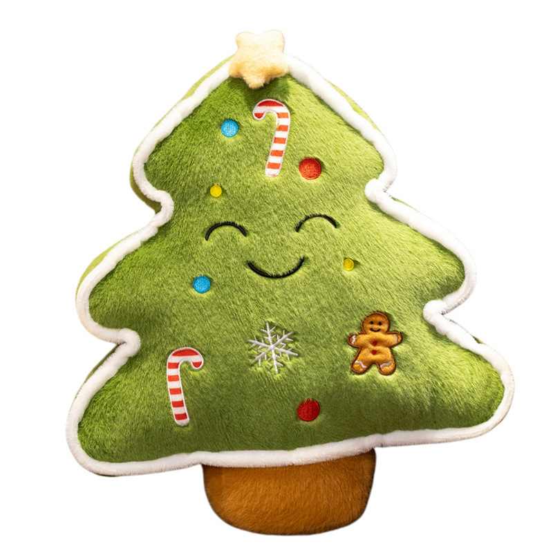 Custom Christmas tree plush cushion isolated on white background for OEM toy manufacturers.