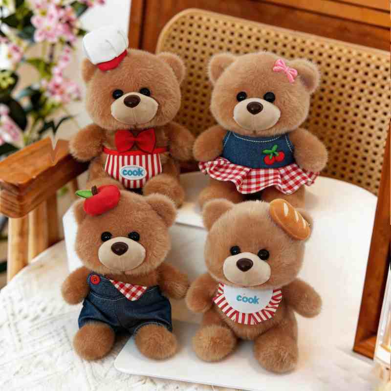 Custom claw machine bear prize assortment featuring chef and denim dressed plush bears, ideal for OEM private label manufacturing partners.