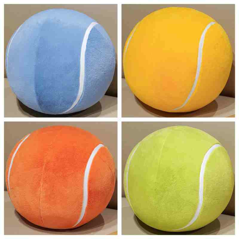 Custom colorful tennis ball plush cushions in blue, yellow, orange, and green, tailored for high-end sports-themed retail sourcing.
