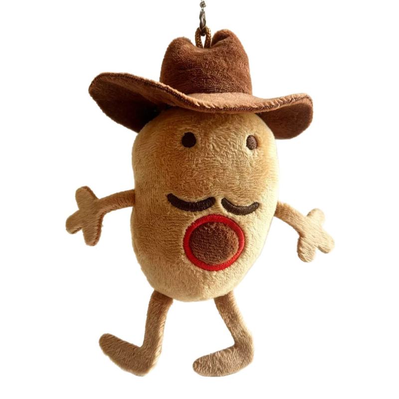 High quality custom cowboy potato soft toy charm suspended by a keychain bead chain.
