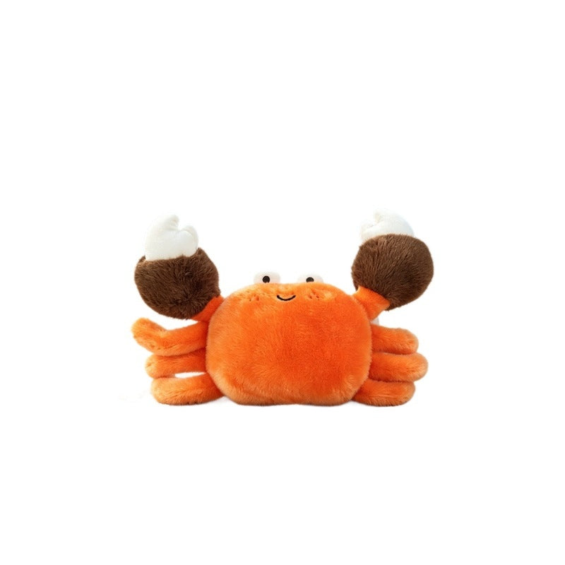 Custom orange crab stuffed plush toy with furry claws isolated on white background for OEM manufacturing.