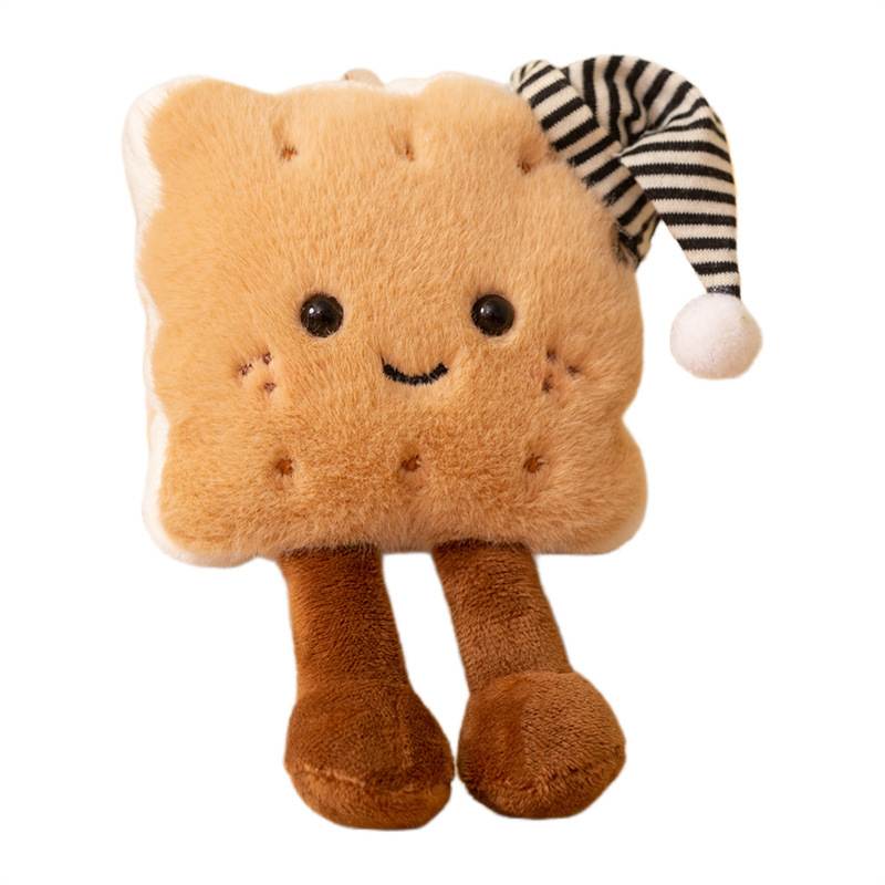 Custom cracker biscuit plush toy wearing a blue striped nightcap isolated on white background for OEM manufacturing.