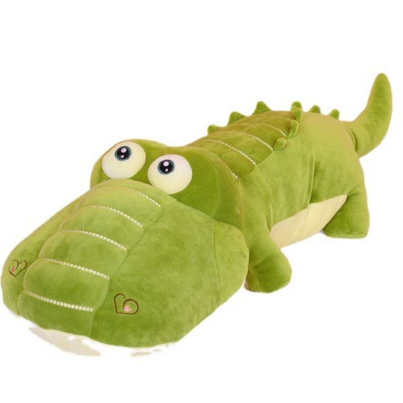 Custom giant big-eyed crocodile plushie on a white background, perfect for private label OEM manufacturing.