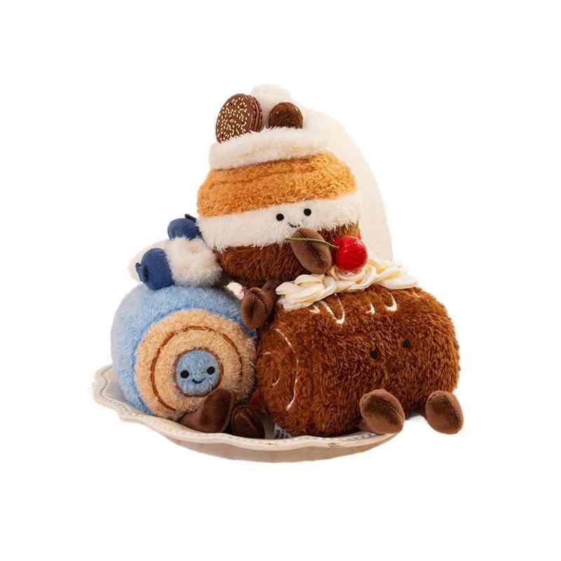Custom cake and pastry food stuffed toys stacked on a plate, ideal for private label OEM manufacturing.