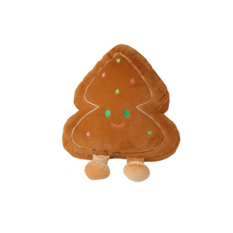 Custom gingerbread tree stuffed toy plush cushion on white background for private label OEM manufacturing.