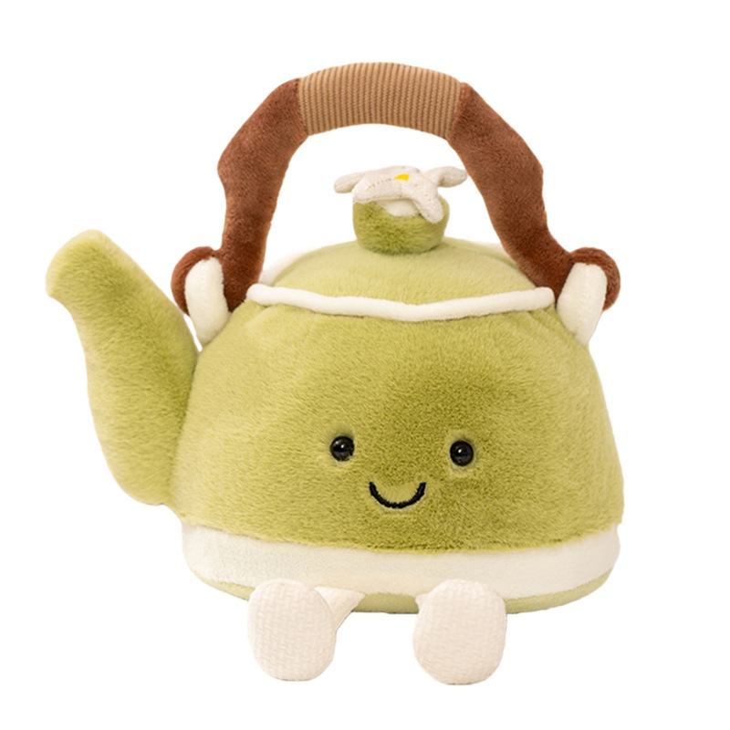 Cute smiling green teapot plush toy with dangling white legs for custom OEM manufacturing.