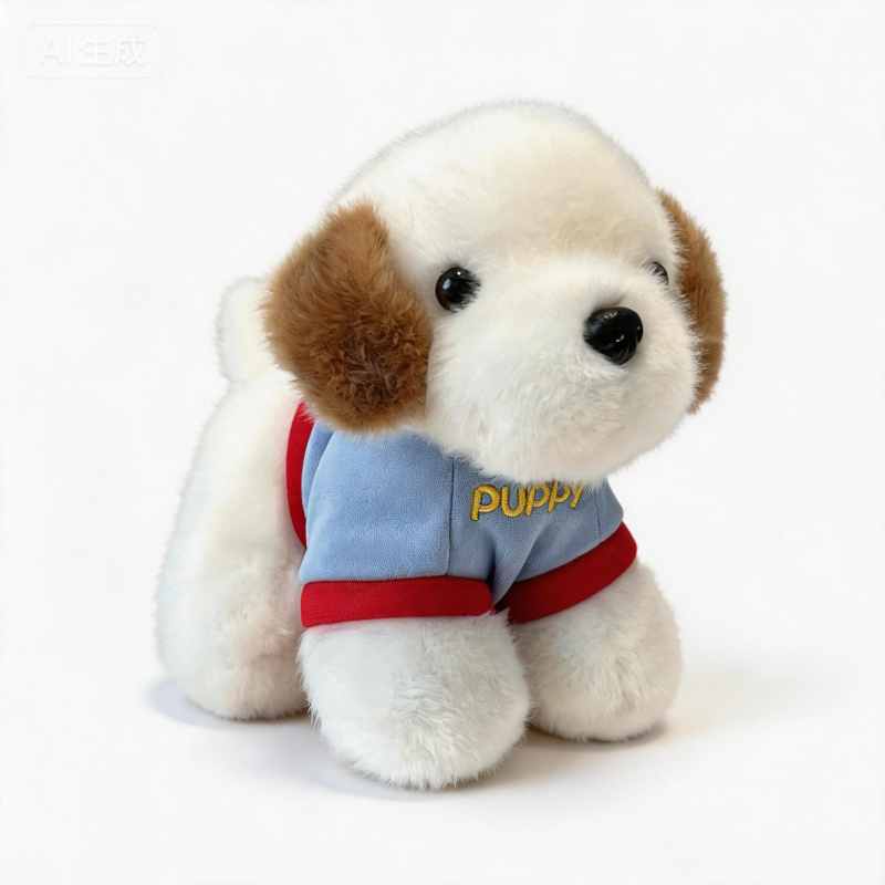 Custom kawaii puppy soft toy wearing blue and red PUPPY shirt on white background, ideal for OEM private label manufacturing partners.