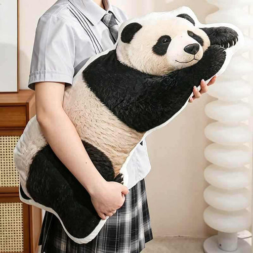Girl hugging a custom large panda stuffed animal pillow showcasing its size for OEM manufacturers.