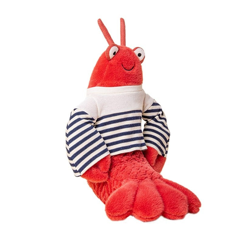 Custom red lobster soft plush toy in striped sailor shirt shown from a side angle for OEM manufacturing.