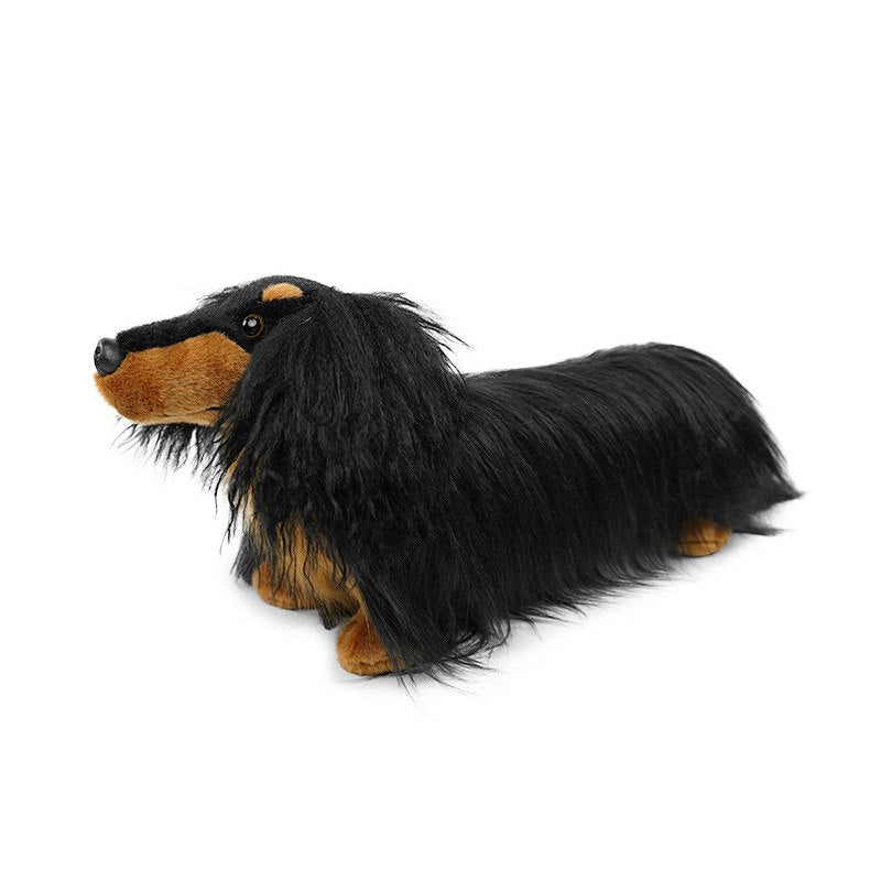Long-haired black and tan wiener dog plush toy manufactured by a custom OEM factory.