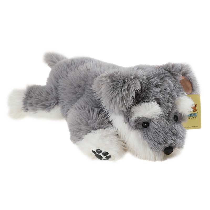 Custom realistic Schnauzer dog soft toy on clean background for private label OEM manufacturing.