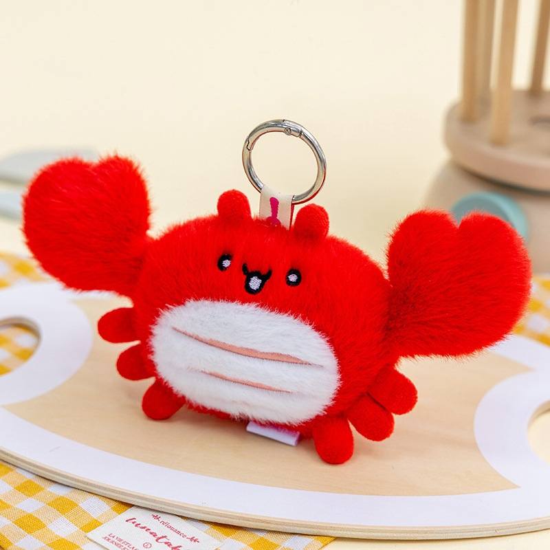 Custom red crab plush bag charm on clean background for private label toy manufacturer.