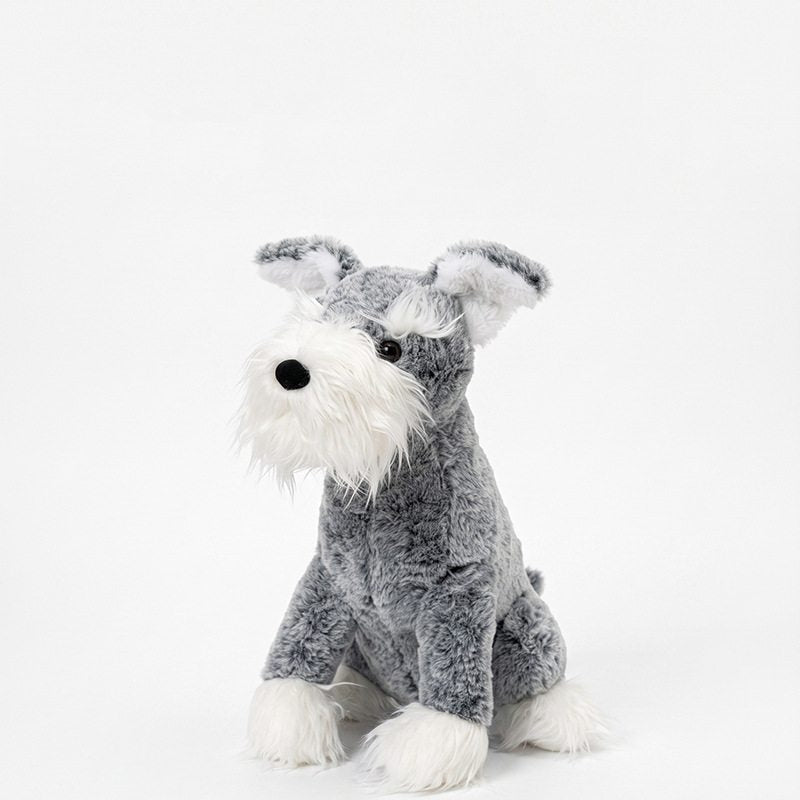 Custom grey schnauzer stuffed toy with fluffy white beard isolated on a white background for OEM manufacturers.