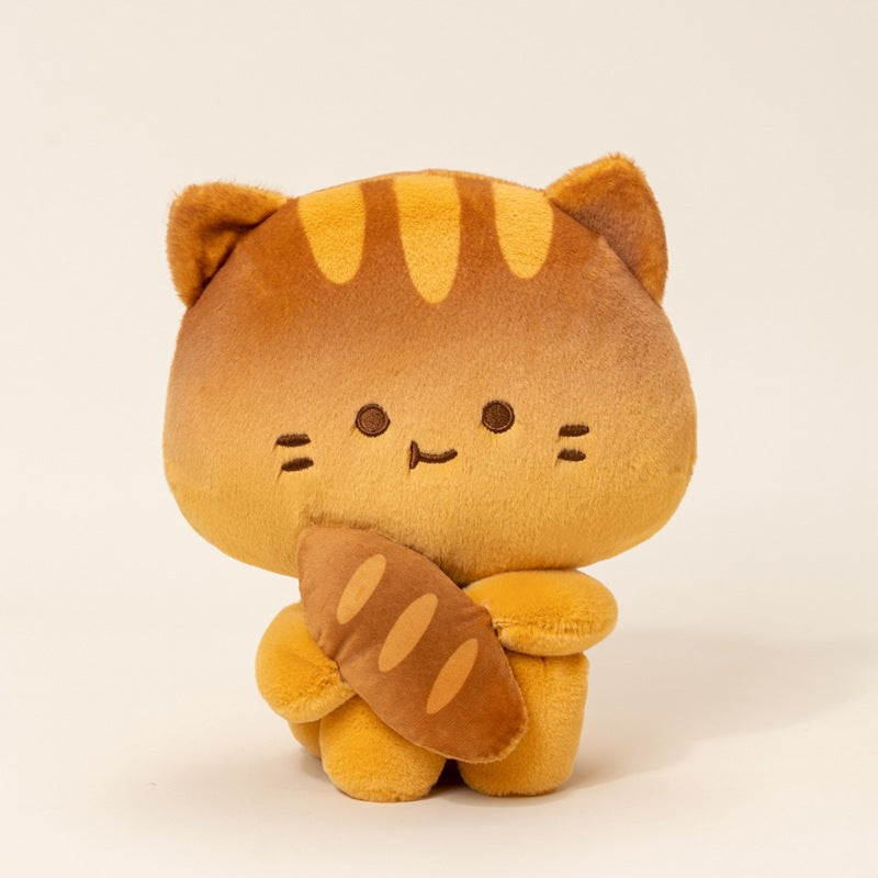 Custom sitting cat plush holding bread baguette for B2B OEM orders.