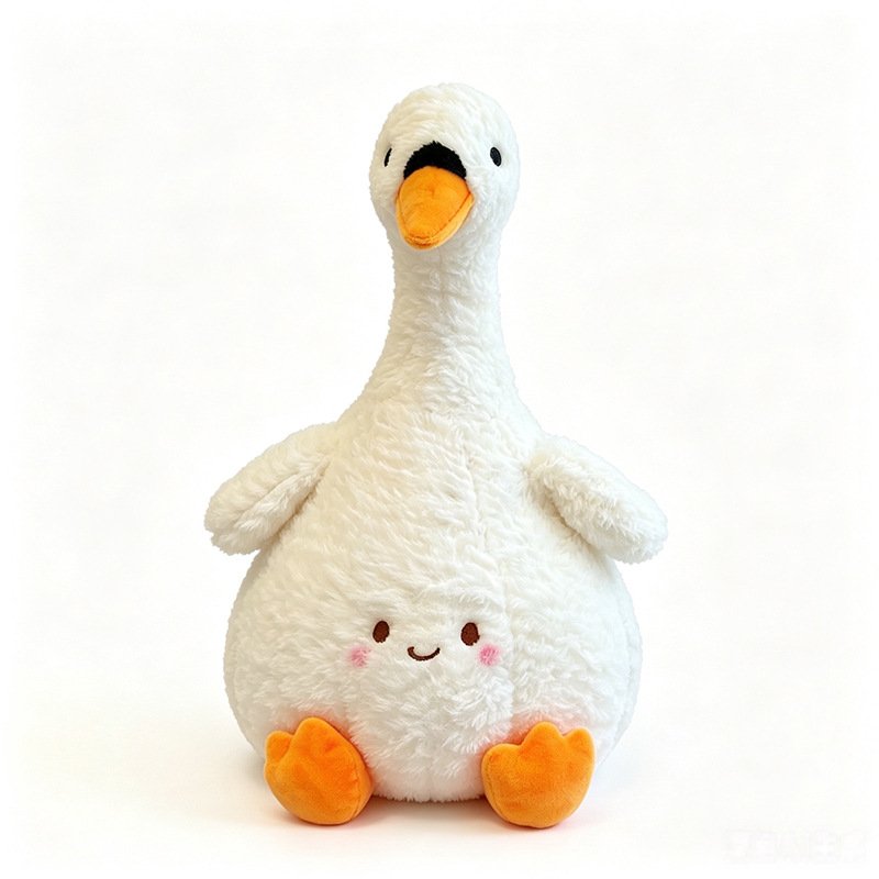 Custom sitting white goose plush on white background for private label OEM manufacturing.