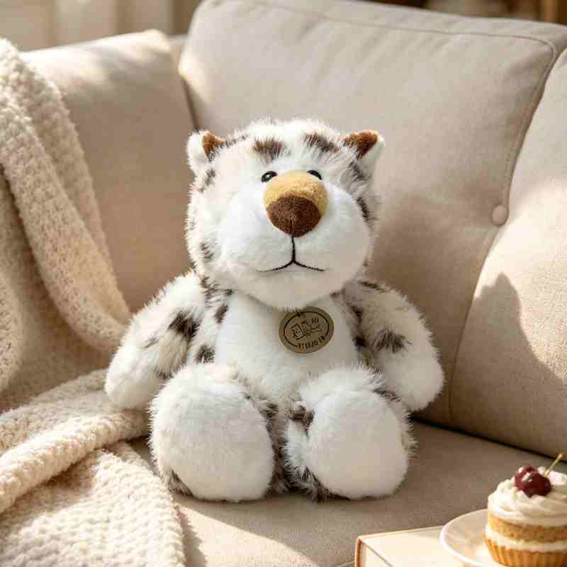 Custom snow leopard plush with realistic spots and a vintage neck tag, tailored for high-end boutique gift shop supply.