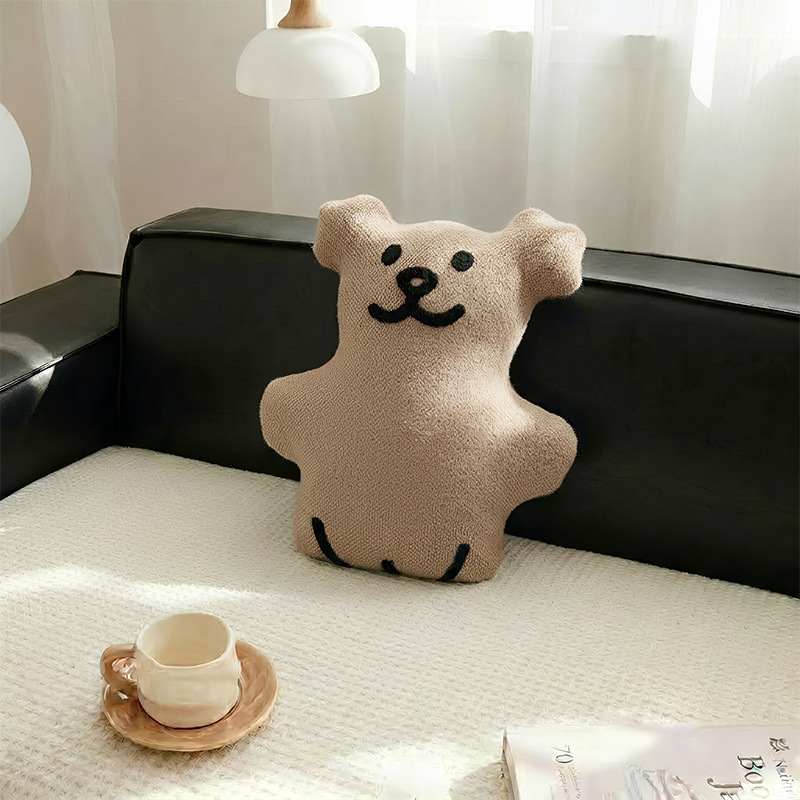 Custom teddy fleece beige bear cushion on a sofa for global OEM manufacturing.