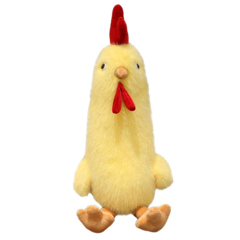 Custom yellow long chicken stuffed toy with dangling legs isolated on a white background for OEM.