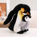 Custom zoo animal plush catalog showcasing an Emperor Penguin parent cradling a baby chick, tailored for private label global distributors.