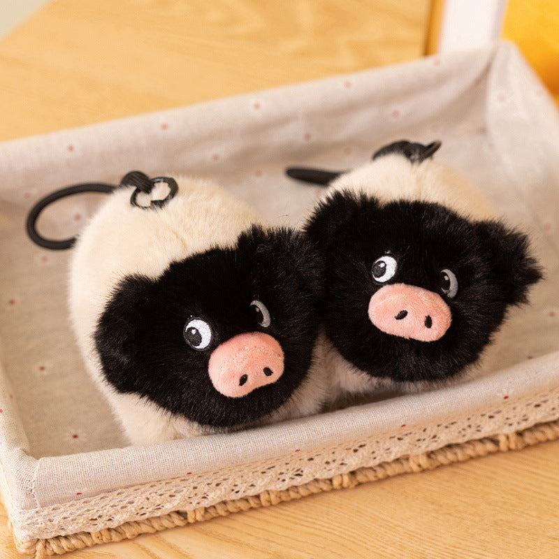 Kawaii- black-faced pig plush toy with a soft cream body, 2 cute pig plushies put together