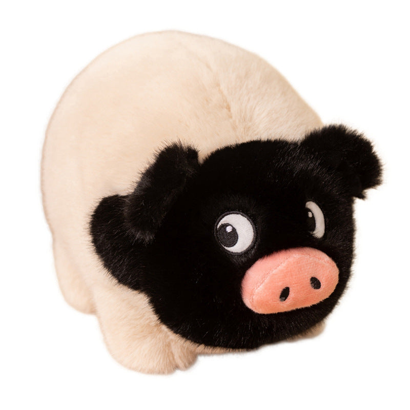 A high-quality black-faced pig plush toy with a soft cream body