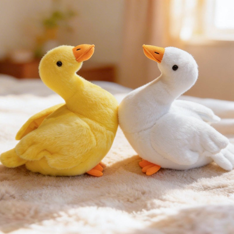 Two cute chubby duck stuffed animals facing each other, ideal for retail gift shop displays and bulk sourcing.