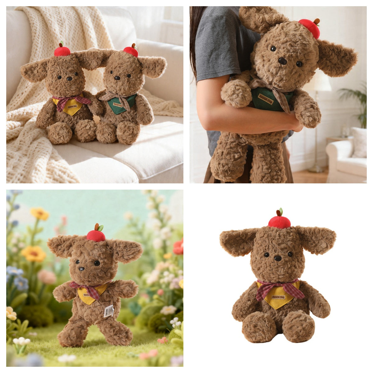 A collage featuring a cute brown plush puppy with a red apple on its head. The images show the plushie sitting comfortably indoors, being warmly hugged by a person, and enjoying a sunny outdoor garden, highlighting its role as an emotional support plushie and calming desk buddy for the US market.
