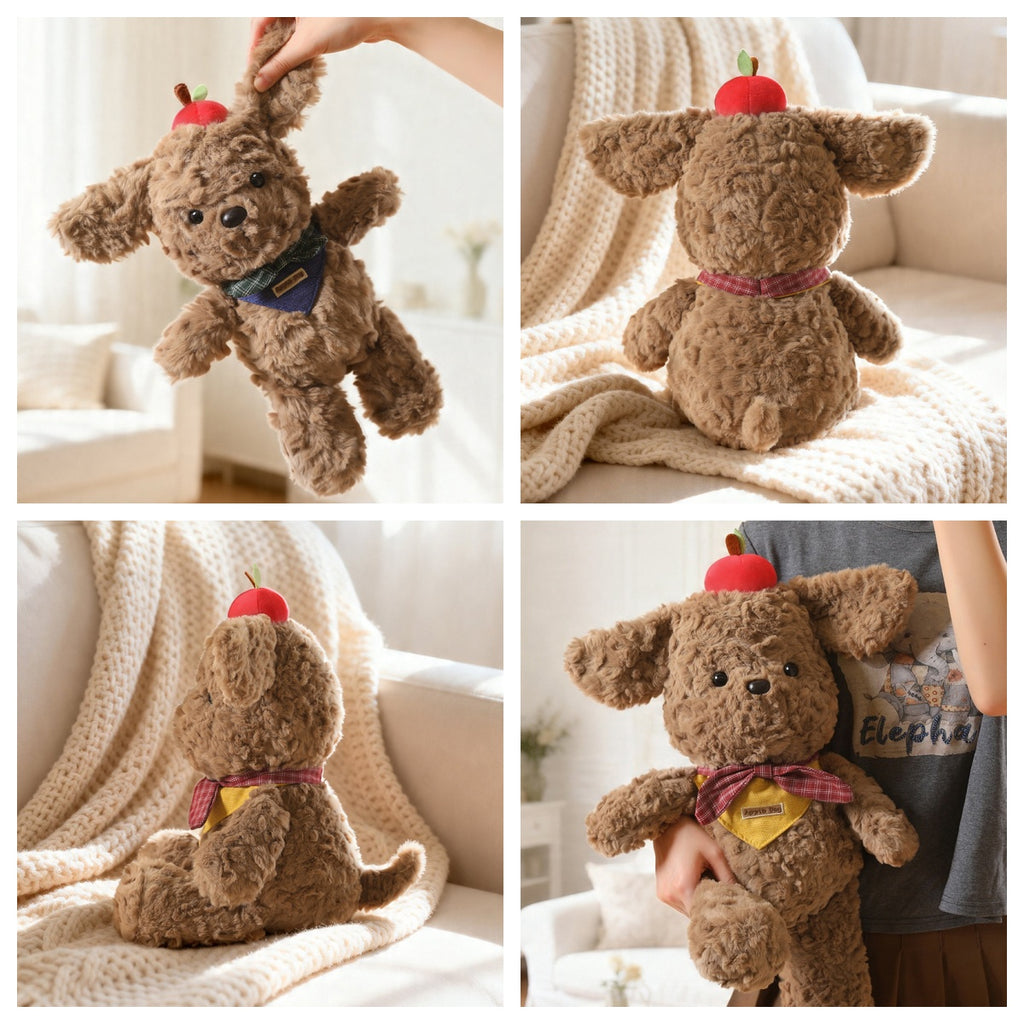 A detailed visual grid showing a brown curly-haired plush dog with an apple detail. The images highlight its durable construction by being playfully held by the ear, its plump profile, and the soft texture, demonstrating premium handcrafted quality and strict EN71 safety standards ideal for UK nursery decor.