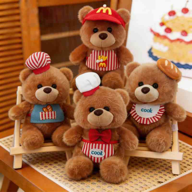 Factory-direct baker and cook bear plushie sourcing display featuring four culinary-themed teddy bears on a wooden mini cart for private label vendors.